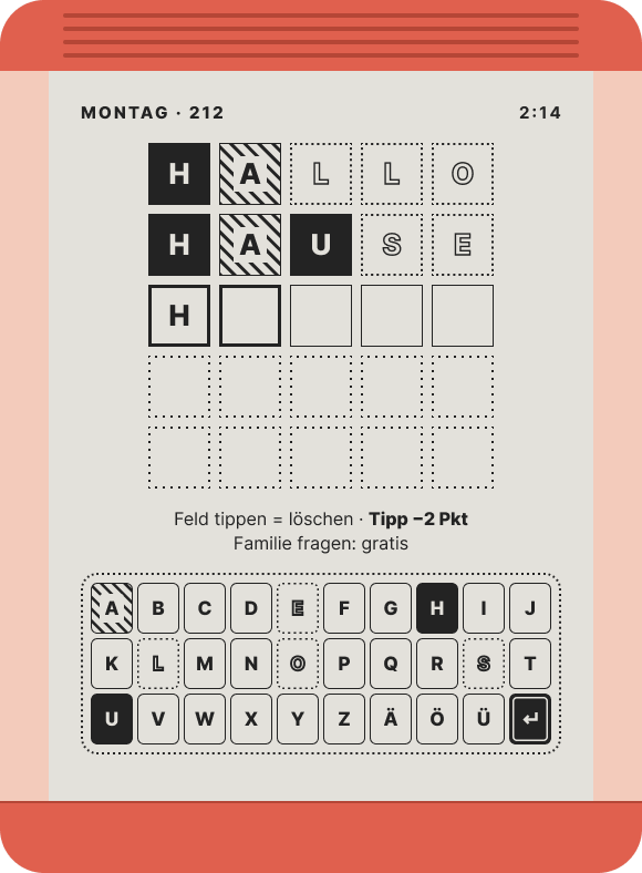 Knoka beim Knobeln: ein Wortknobel mit den Versuchen HALLO und HAUSE, richtige Buchstaben schwarz, verschobene schraffiert. Oben rechts läuft eine Uhr bei 2:14, unten die Tastatur von A bis Z mit Ä, Ö und Ü.