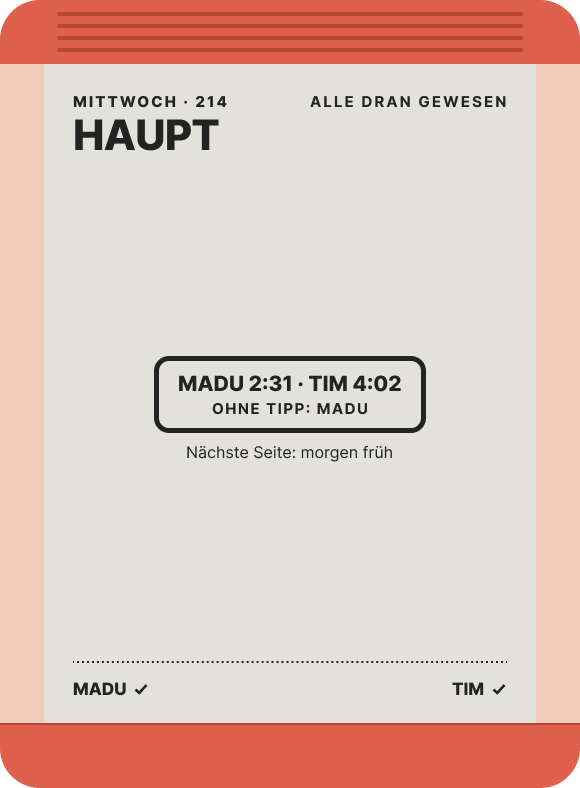 Knoka am Abend: Das gelöste Wort des Tages, HAUPT, steht groß oben, darunter die Zeiten – Madu 2:31, Tim 4:02, ohne Tipp: Madu. Beide Namen haben ein Häkchen, darunter der Hinweis „Nächste Seite: morgen früh“.
